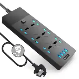 Necomi Universal Power Strips Extension Lead Outlets All in one Wall Plug Adapter with 4 (3.1A) USB Hub & 6 Gang Smart Electrical Sockets