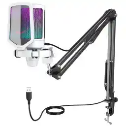 FIFINE AmpliGame A6TW USB Condenser Microphone, RGB Glow, Cardioid Directional, Plug & Play, PC / Prestige Microphone, USB Cable, One-Touch Mute, YouTube, Skype, Discord, Zoom Recording, Game Play,