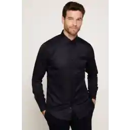 Tudors Slim Fit Uzun Kollu Kolay Ütü Teri Emen Nefes Alan Doku Kravatlık Dört Mevsim Siyah Erkek Gömlek