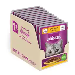 Whiskas Chicken in Gravy, Wet Cat Food Pouch, for 1+ Years Adult Cats, Flavor Lock Pouch for Sealing Freshness, Made with High Quality Ingredients for a Complete & Balanced Nutrition, Pack of 12x80g