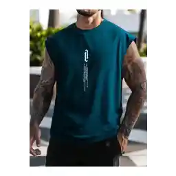 Altamira Erkek Petrol Mavi Dikey Baskılı Kolsuz Oversize T-shirt