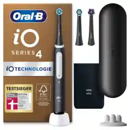 Oral-B iO Series 4 Plus Edition Electric Toothbrush, Plus 3 Replacement Toothbrush Heads, 4 Cleaning Modes for Dental Care, Travel Case, Designed by Braun, Matte Black