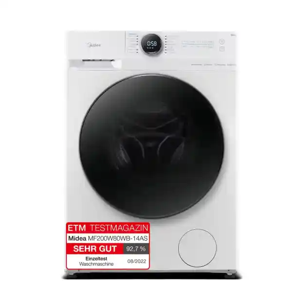 Midea MF200W80WB-14AS Washing Machine, 8 kg, Energy Efficiency Class A, Automatic Volume, Steam Care, Refill Function, 1400 rpm, Time Saving, Turbo, Only 48 cm Deep, App Control, AquaStop, White