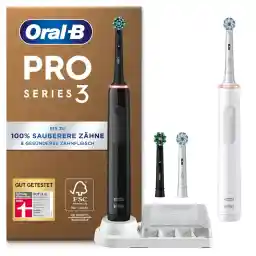 Oral-B Pro Series 3 Plus Edition Twin Pack Electric Toothbrush, 4 Replacement Toothbrush Heads, with Visual 360° Pressure Control for Dental Care, Designed by Braun, Black/White