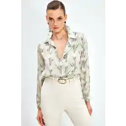 Sateen قميص فضفاض منقوش - بيج