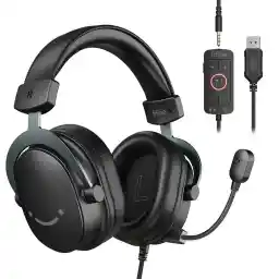 FIFINE PC Gaming Headset, USB Headset with 7.1 Surround Sound, Detachable Microphone, Control Box, 3.5mm Headphones Jack, Over-Ear Wired Headphones for PS5/Xbox/Switch, Black-AmpliGame H9