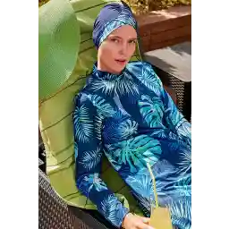 Marina Rope Tied Navy Blue Leaf Patterned Fully Covered Hijab Swimsuit M2112