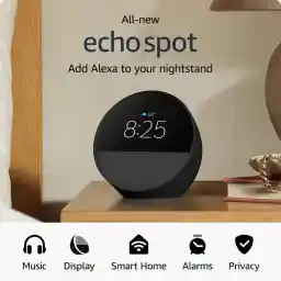 Amazon Echo Spot (newest model), Great for nightstands, offices and kitchens, Smart alarm clock with Alexa+ Early Access, Black