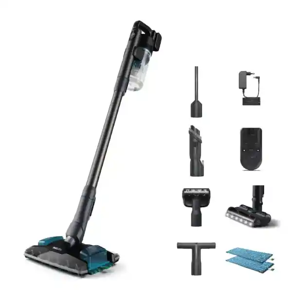 Philips 8000 Series Cordless Pet Vacuum Cleaner, Excellent Suction Performance, Display, Nozzles with LED Light, Pet Hair Nozzle, Aqua Nozzle, Anti-Allergy Filtering (XC8055/01)