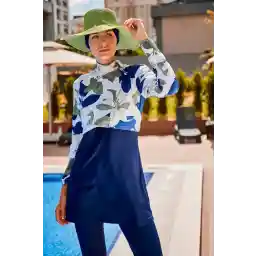 Marina Navy Blue Leaf Patterned Fully Covered Hijab Swimsuit 1972