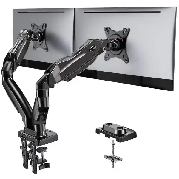 HUANUO Dual Monitor Stand - Full Adjustable Monitor Desk Mount Swivel Vesa Bracket with C Clamp, Grommet Mounting Base for 13 to 32 Inch Computer Screens - Each Arm Holds 4.4 to 19.8lbs