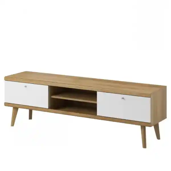 GRAINGOLD Rtv-Schrank 160cm Promko - Modernes TV-Möbel, TV-Lowboard , Stehend TV-Schrank, Skandinavischer Stil - Weiß / Riviera-Eiche