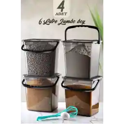 Vienev Mega Boy 4'lü Kare Un Bakliyat Kabı 6 Litre - Kulplu Deterjanlık Saklama Kutusu Kabı Antrasit