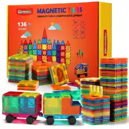 Gemmicc 136 PCS Magnetic Tiles, Deluxe Building Blocks Magnet Toys Set for Kids,3D Magnet Puzzles Stacking Blocks for Boys Girls,Huge Set with 2 Cars