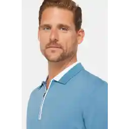 Tudors Erkek Slim Fit Dar Kesim %100 Pamuk Düz Pike Fermuarlı Mavi Polo Yaka Tişört