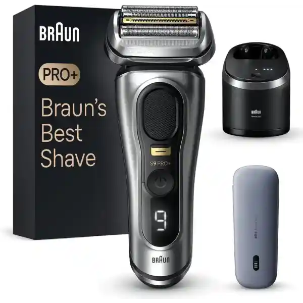 Braun Series 9 Pro+ Men's Electric Shaver with 5 Pro Razor Elements, Long Hair Trimmer & Cleaning Station, Razor Charging Case, PowerCase, 60 Minutes Running Time, Made in Germany, 9577cc, Silver