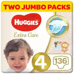 Huggies Extra Care, Size 4, 8-14 kg, Twin Jumbo Pack, 136 Diapers