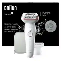 Braun Silk-épil 9, epilator with swivelling head for easy hair removal, wet and dry, long-lasting silky smooth skin, ladyshaver, shaving attachment and trimmer attachment, SES9-030, white/flamingo