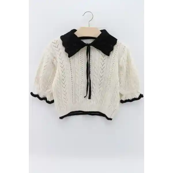 macharelbasic Women's Collared Short Sleeve Knitwear Blouse Cream/black