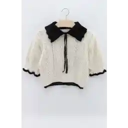 macharelbasic بلوزة تريكو بياقة وأكمام قصيرة للسيدات كريم/أسود