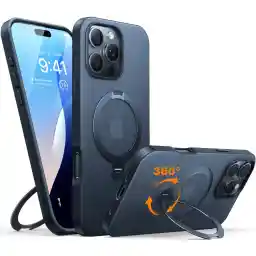 TORRAS 360° Ostand Spin for iPhone 16 Pro Case for Magsafe (Magnetic Robust Stand Ring) Certified Military Protection, Matte Back Case for iPhone 16 Pro Case, Slim Black