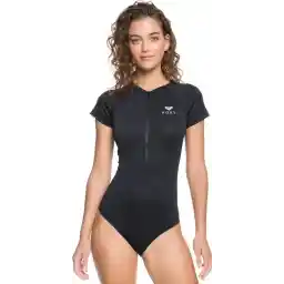 Roxy - UV Badpak voor dames - Essentials met korte rits - Korte mouw - True Black - maat L (40)