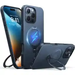 TORRAS UPRO Ostand Spin iPhone 16 Pro Case Stand, [For Titanium Gray Color/Matte Look) Twist-Ring Type, Vertical and Horizontal, Ring, Magnet, Wireless Charging, US Military MIL Standard Impact