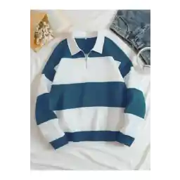 Altamira Unisex Petrol Mavi Çizgili Oversize Polo Yaka Yarım Fermuarlı Sweatshirt