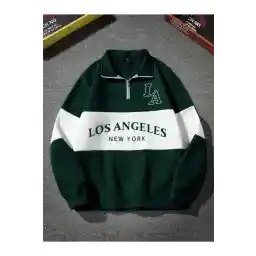 Altamira Unisex Yeşil Los Angeles Baskılı Oversize Parçalı Polo Yaka Fermuarlı Sweatshirt