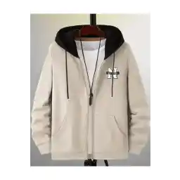 Altamira Erkek Parçalı Renk Bej New York Baskılı Kapüşonlu Fermuarlı Hırka