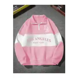 Altamira Unisex Pembe Los Angeles Baskılı Oversize Parçalı Polo Yaka Fermuarlı Sweatshirt