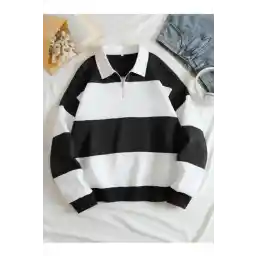 Altamira Unisex Siyah Çizgili Oversize Polo Yaka Yarım Fermuarlı Sweatshirt