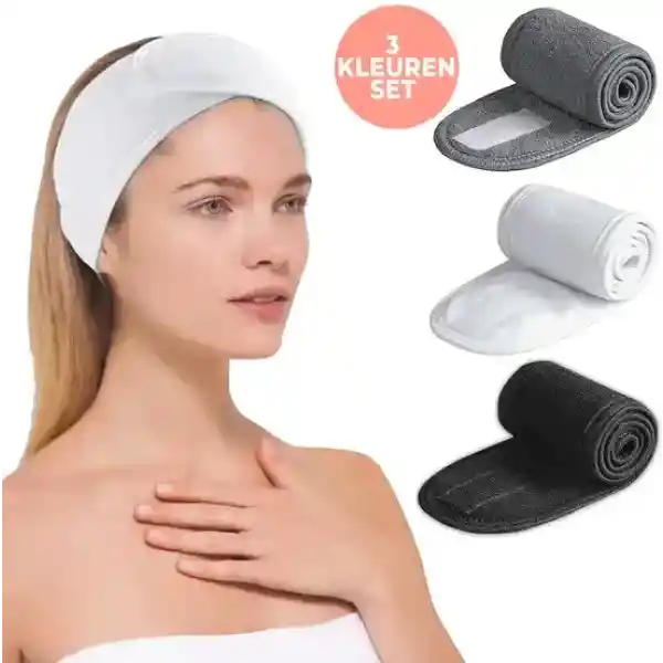 SIMIA™ Premium Verstelbaar Badstof Hoofdband - Haarband - Badstoffen Bandeau - Make Up - Schoonheidsspecialist - Professioneel en Thuisgebruik - 3 STUKS - MIX - Wit, Grijs en Zwart