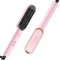 TYMO Hair Straightener Brush, Hair Iron with Built-in Comb. Tourmaline Ceramic Coating. Fast Heating & 5 Temp Settings. Hair Straightener Brush That Salon Styling at Home. (Pink)