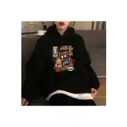 Touz Black Unisex Oversize Hooded Spider-Cat Printed Sweatshirt