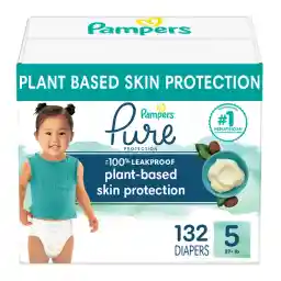 Pampers Pure Protection Baby Diapers, Size 5 (27+ lbs), 132 Count, Up to 100% Leakproof, Premium Plant-based Skin Protection, Hypoallergenic Soft Diapers