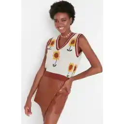 Trendyol Gebreide Trui Met Tegelpatroon En V-Hals Met Bloemenpatroon Twoaw22Bz0024