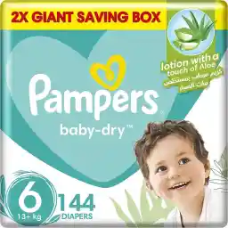 Pampers Baby-Dry, Size 6, 13+ kg, 2X Giant Saving Box, 144 Diapers