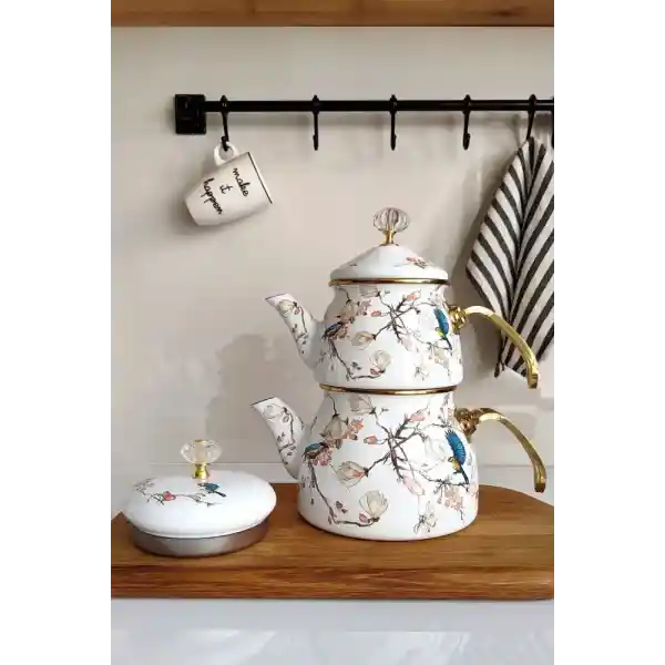 PORLİSMA Double Lid Parrot Enamel Teapot Set, Gold Handle Enamel Teapot