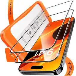 TORRAS Tempered Glass Screen Protector for iPhone 16 Pro Max [Full Screen] Top Breakage Safety Film for iPhone 16 Pro Max, 9H+ Protective Glass [Auto Installation] Anti-Fingerprint, Pack of 2