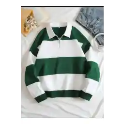 Altamira Unisex Yeşil Çizgili Oversize Polo Yaka Yarım Fermuarlı Sweatshirt