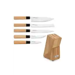 Fissman 6-Piece Stainless Steel Kitchen Knife Set w/ Wooden Block, Chef Knife, Bread Knife (Brown)