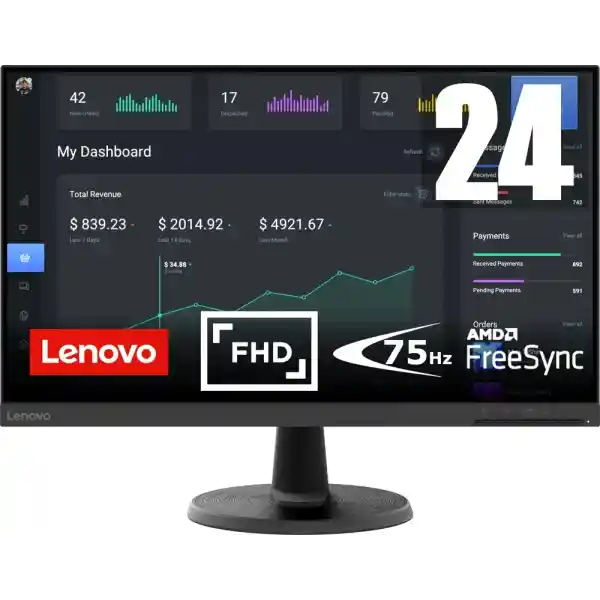 Lenovo D24-45 | 23.8 Inch Full HD Monitor | 1920 x 1080 | 75Hz | 250 nits | 4ms Response Time | VA Panel | HDMI | VGA | AMD Radeon FreeSync | Anti-Glare | 4.6 kg | Black