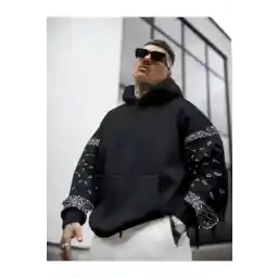 Altamira Erkek Siyah Kol Desenli Oversize Kapşonlu Sweatshirt