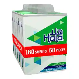 Hala Facial Tissues Pack of 50 of 2 Ply x 160 Sheets , Hala tissue with Soft Feel, Good for All Skin Types and Sterilized for Germ Protection