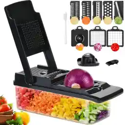 T-GOGO Multifunctionele Groentesnijder - 15-in-1 Professionele Keukenmandoline Met 7 Messen Voor Wortel, Aardappel, Uien, Tomaten (Zwart)