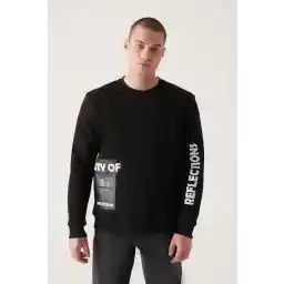 Avva Men's Black Crew Neck Hologram 3 Thread Raised Sweatshirt A22Y1246