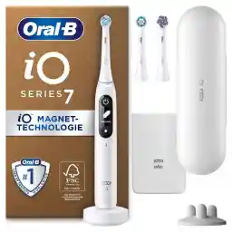 Oral-B iO Series 7 Plus Edition Electric Toothbrush, Plus 3 Replacement Toothbrush Heads, 5 Cleaning Modes for Dental Care, Travel Case, Designed by Braun, White Alabaster