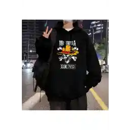 Touz One Piece Mugiwara Printed Black Unisex Oversize Hooded Sweatshirt