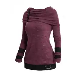 Colorblock Cowl Neck Ruched Knit Sweater Heathered Grommet D Ring Knitted Sweater